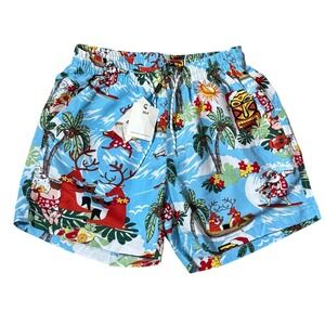 Mens 5" Christmas Hawaiian‎ Swim Trunks Shorts Surf Santa Reindeer Tiki 32